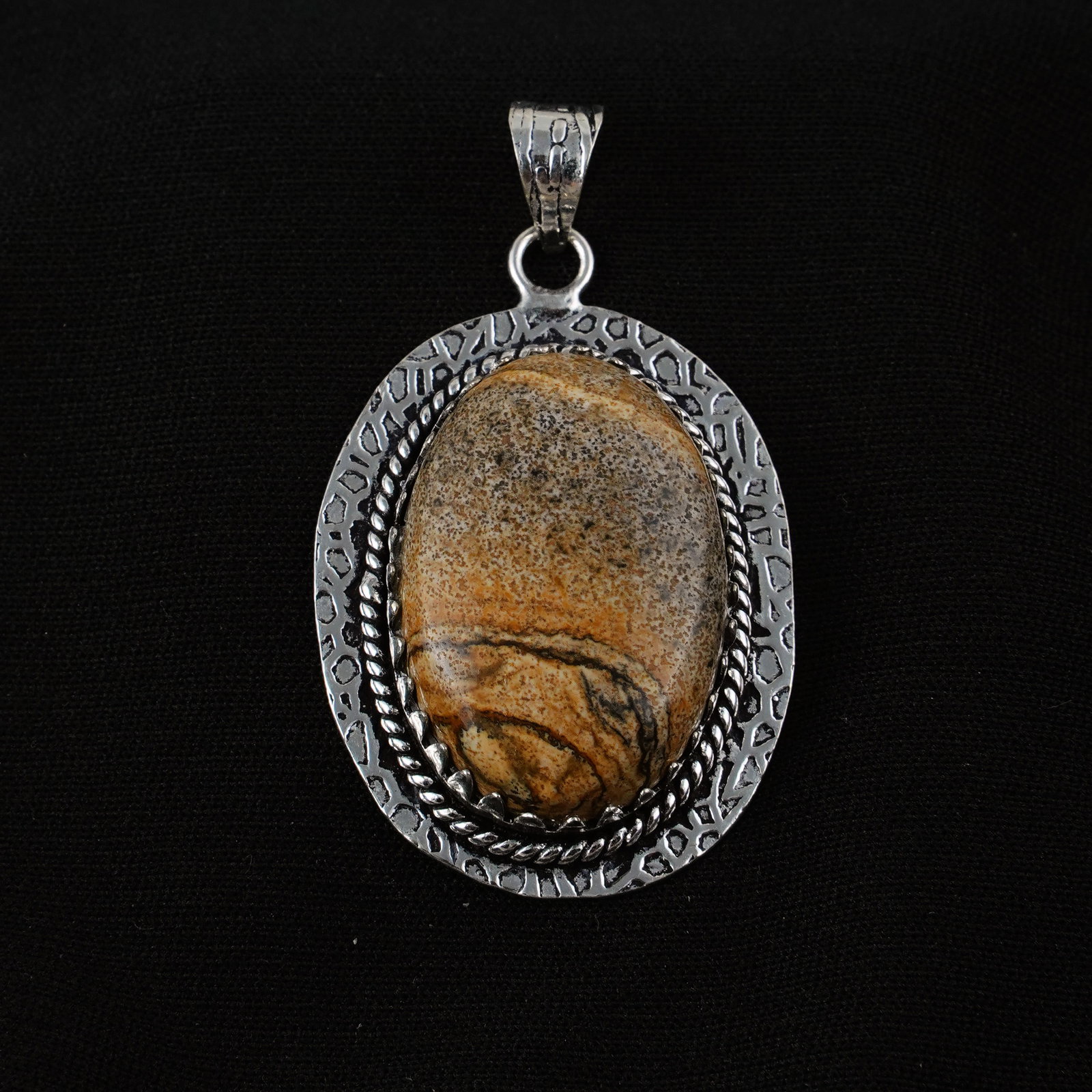 Natural Picture Jasper Sterling Silver Plated Handmade Pendant: Product ID: 260404211529 Product - Handmade Silver Plated Pendant Metal - 92.5 Sterling Silver Plated Pendant Size - 4x3 CM Gemstone - Picture Jasper Gemstone Origin - Indonesia Gemstone Shape - Oval 