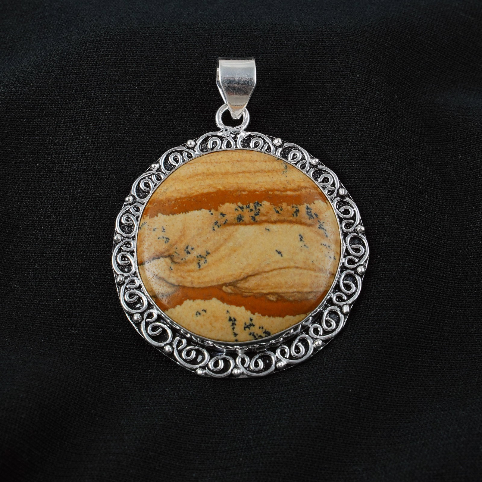 Natural Picture Jasper Sterling Silver Plated Handmade Pendant: Product ID: 260404211350 Product - Handmade Silver Plated Pendant Metal - 92.5 Sterling Silver Plated Pendant Size - 4.5x4.5CM Gemstone - Picture Jasper Gemstone Origin - Indonesia Gemstone Shape - Ro