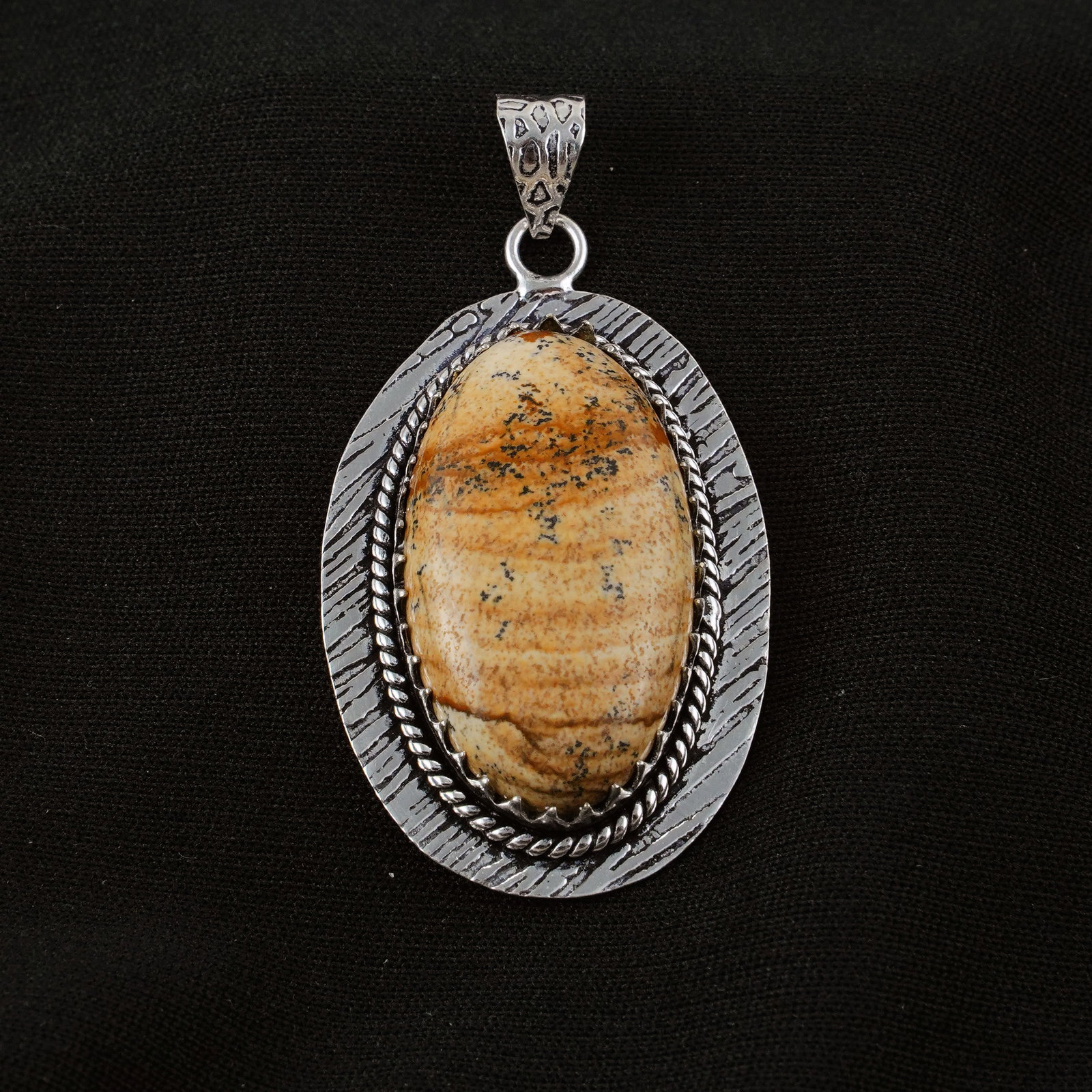 Natural Picture Jasper Sterling Silver Plated Handmade Pendant: Product ID: 260404211227 Product - Handmade Silver Plated Pendant Metal - 92.5 Sterling Silver Plated Pendant Size - 4x3 CM Gemstone - Picture Jasper Gemstone Origin - Indonesia Gemstone Shape - Oval 