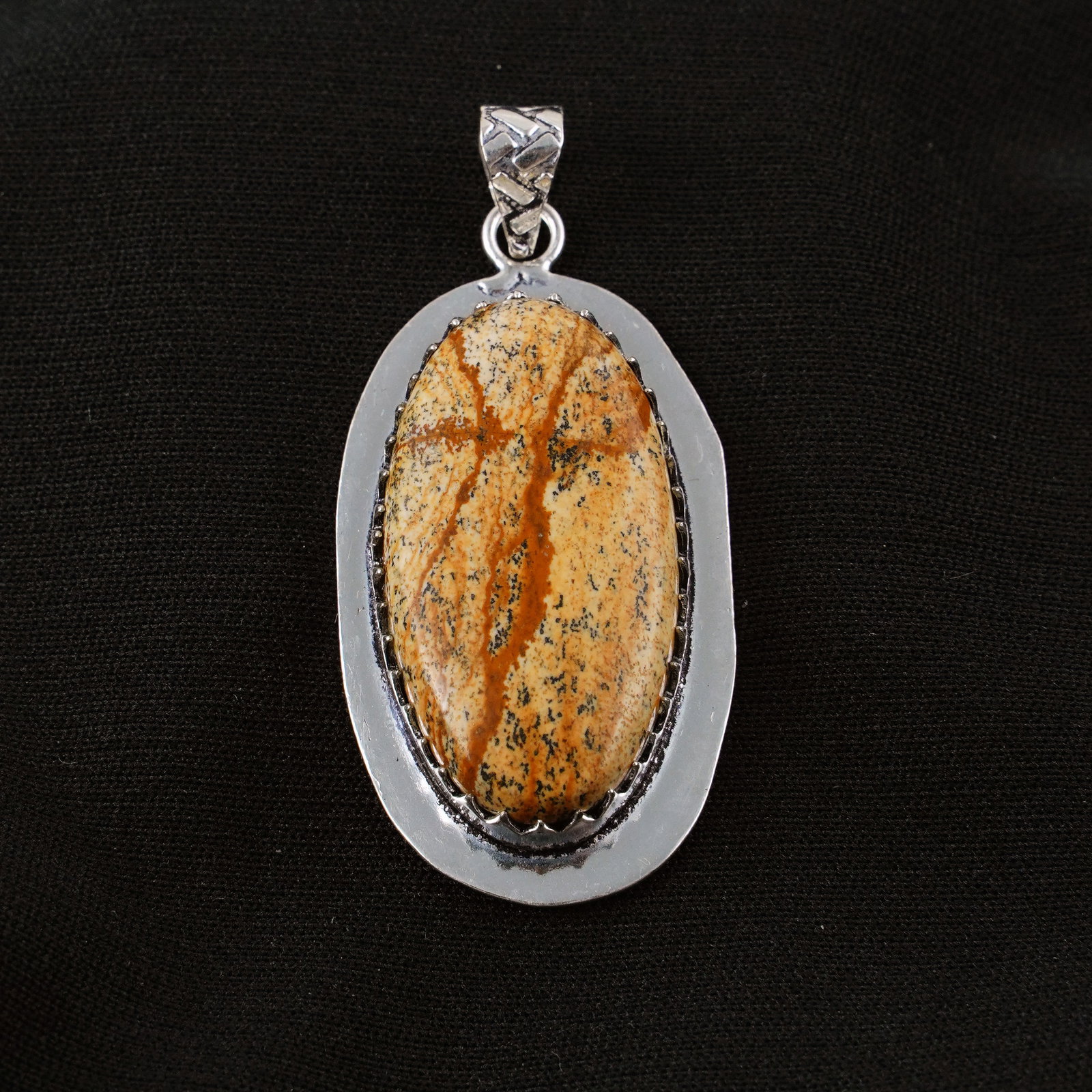 Natural Picture Jasper Sterling Silver Plated Handmade Pendant: Product ID: 260404211053 Product - Handmade Silver Plated Pendant Metal - 92.5 Sterling Silver Plated Pendant Size - 4.5x2.5 CM Gemstone - Picture Jasper Gemstone Origin - Indonesia Gemstone Shape - O