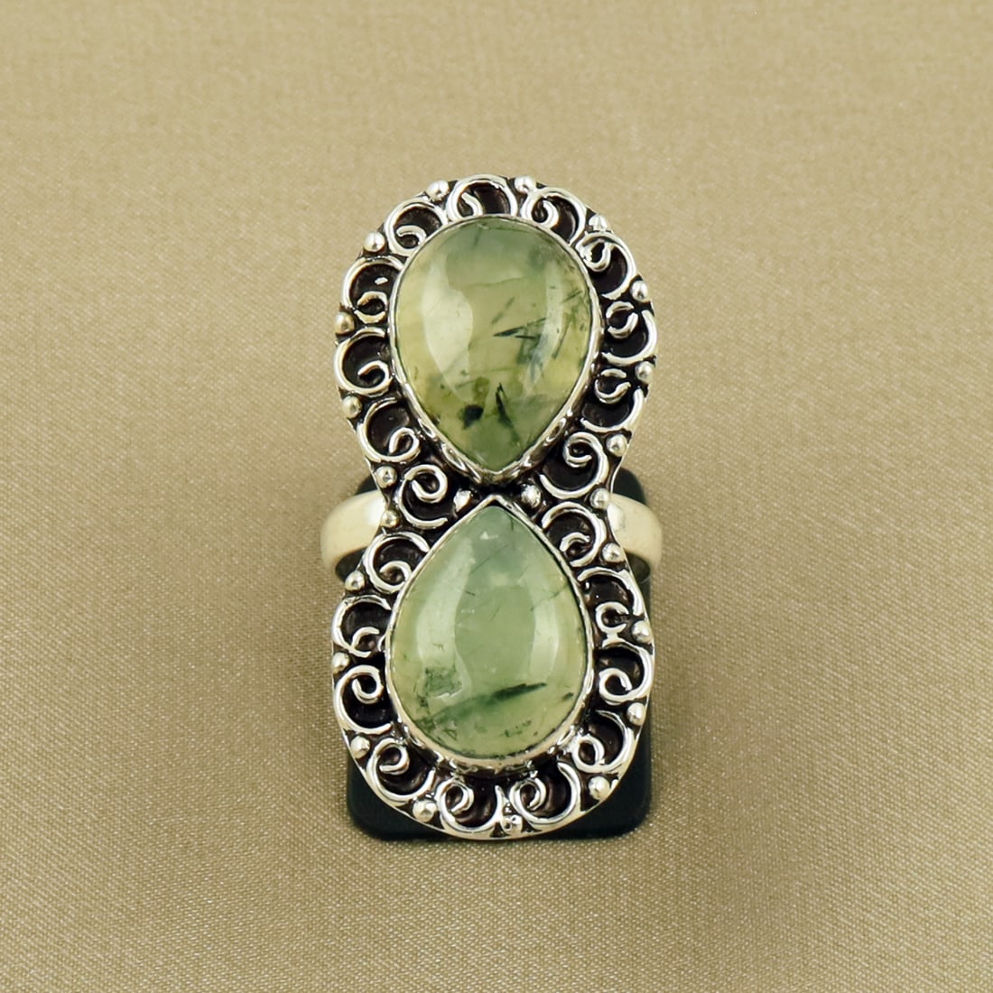 Natural Prehnite Sterling Silver Plated Handmade Ring - 9MM: Product ID: 260404174426 Product - Handmade Silver Plated Ring Metal - 92.5 Sterling Silver Plated Ring Size - 9MM Gemstone - Prehnite Gemstone Origin - South Africa Gemstone Size - 12X16 MM ( 2 Stone