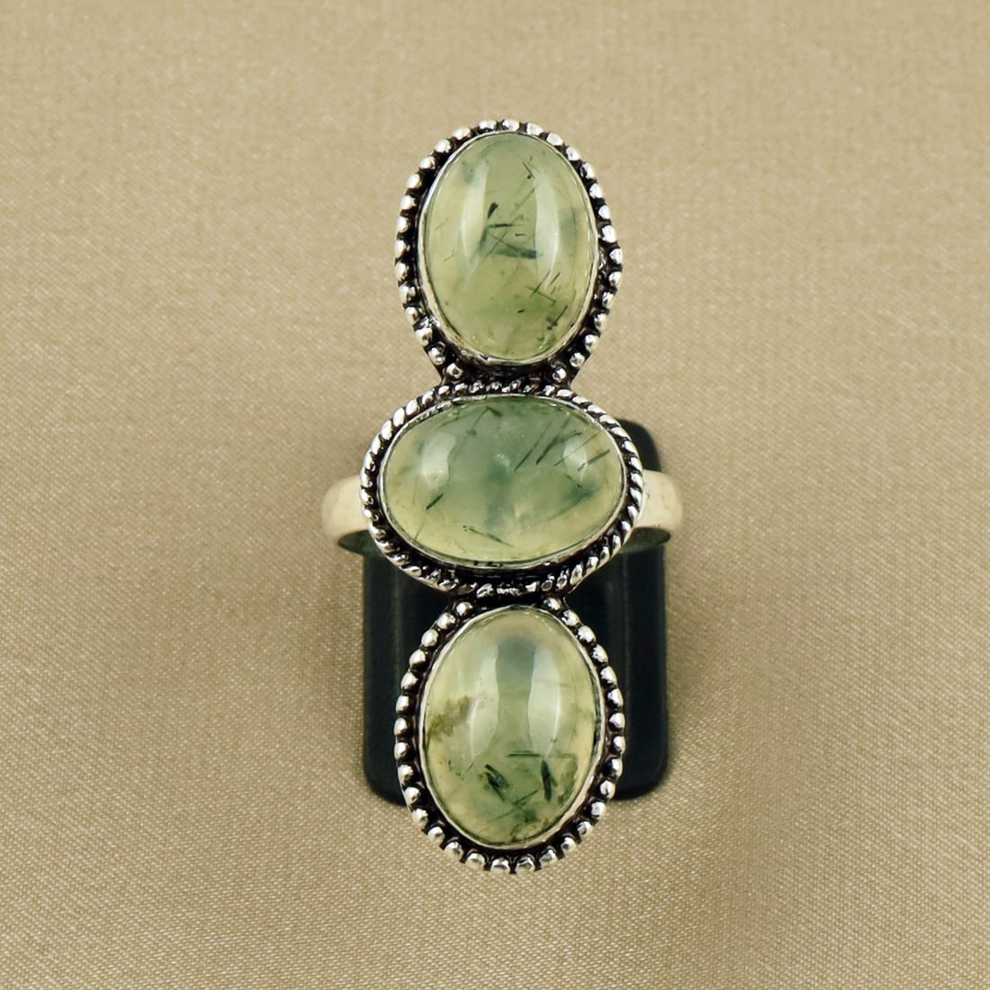 Natural Prehnite Sterling Silver Plated Handmade Ring - 10MM: Product ID: 260404174319 Product - Handmade Silver Plated Ring Metal - 92.5 Sterling Silver Plated Ring Size - 10MM Gemstone - Prehnite Gemstone Origin - South Africa Gemstone Size - 10X14 MM ( 3 Ston