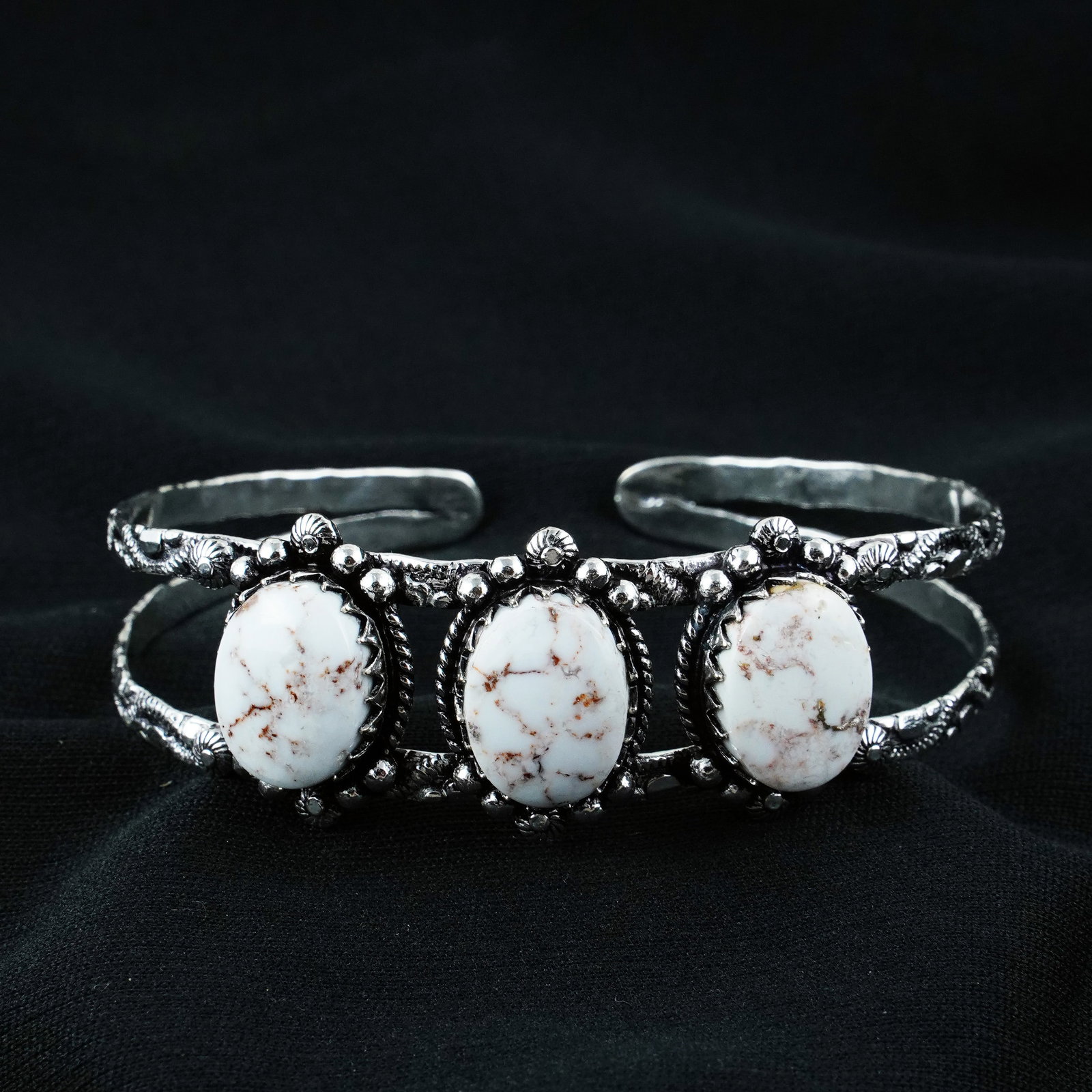 Natural Wild Horse Sterling Silver Plated Handmade Cuff Bangle: Product ID: 260404131547 Product - Handmade Silver Plated Cuff Bangle Metal - 92.5 Sterling Silver Plated Bangle Size - 7x5.5 CM (Adjustable) Gemstone - Wild Horse Gemstone Origin - United States Gems