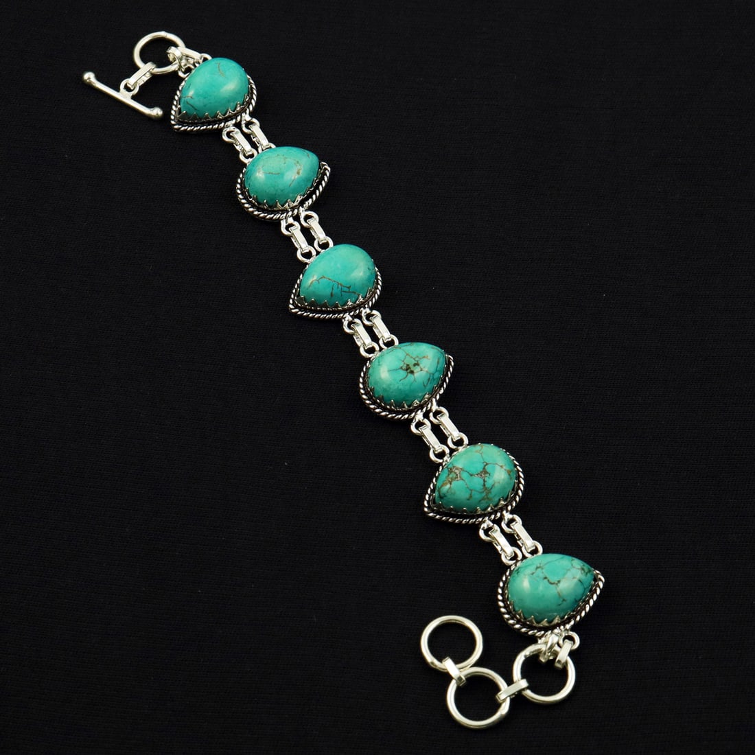 Natural Turquoise Sterling Silver Plated Handmade Bracelet: Product ID: 260403163408 Product - Handmade Silver Plated Bracelet Metal - 92.5 Sterling Silver Plated Bracelet Length - 5 Inch + 2 Inch Gemstone - Turquoise Gemstone Size -12X16 ( 6 Stone) Gemstone O