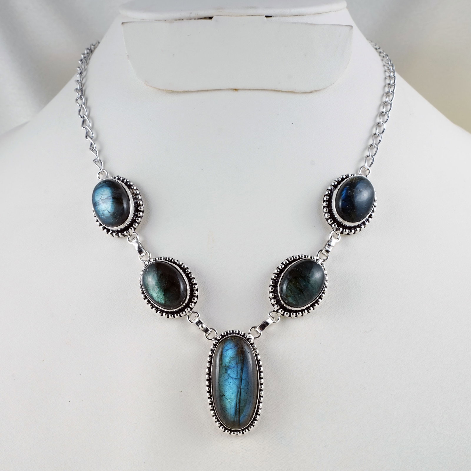 Natural Labradorite Sterling Silver Plated Handmade Choker Necklace: Product ID: 260403125701 Product - Handmade Silver Plated Necklace Metal - 92.5 Sterling Silver Plated Necklace Length - 18 Inch Gemstone - Labradorite Gemstone Size - 12X16 MM (4 Stone), 24X16 MM (1 