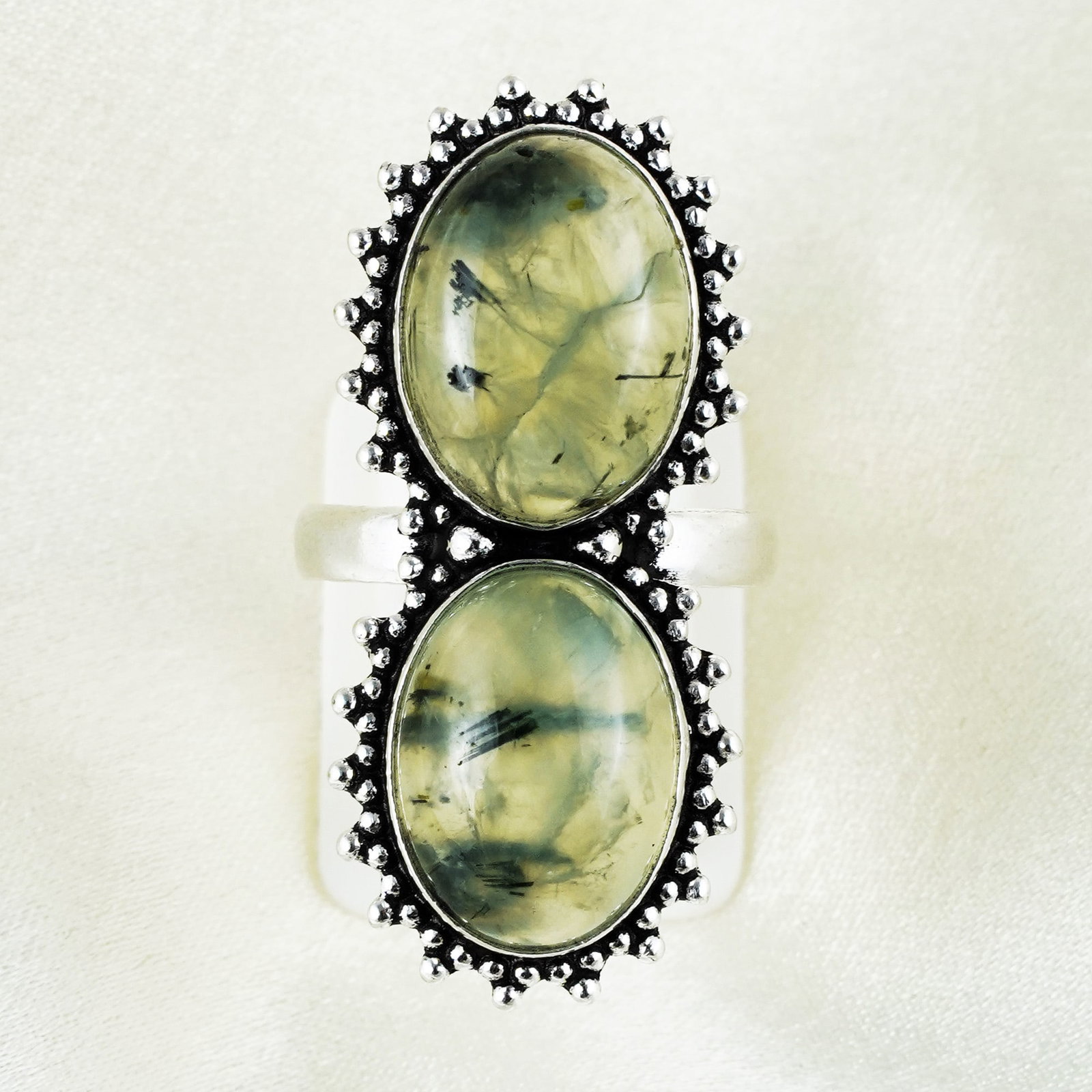 Natural Prehnite Sterling Silver Plated Handmade Ring - 9MM: Product ID: 260401162756 Product - Handmade Silver Plated Ring Metal - 92.5 Sterling Silver Plated Ring Size - 9MM Gemstone - Prehnite Gemstone Origin - South Africa Gemstone Size - 12X16 MM ( 2 Stone