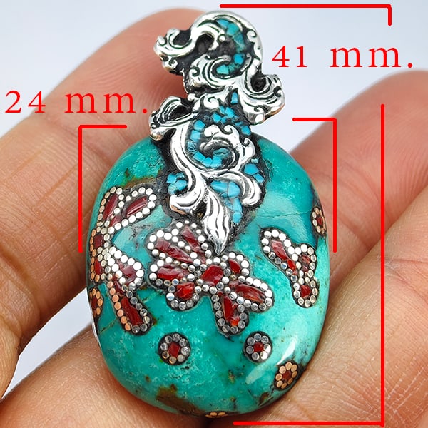 Natural Green Turquoise Gemstone 925 Sterling Silver Pendant Jewelry 86.72 Grams: Product ID: 200108316 Product Type: 925 Sterling Silver Fine Jewelry Jewelry Weight: 86.72 Grams. Gemstones Color: Green Metal: Solid Silver 92.5%. Gemstone Detail: Turquoise At Your Service: At Treas