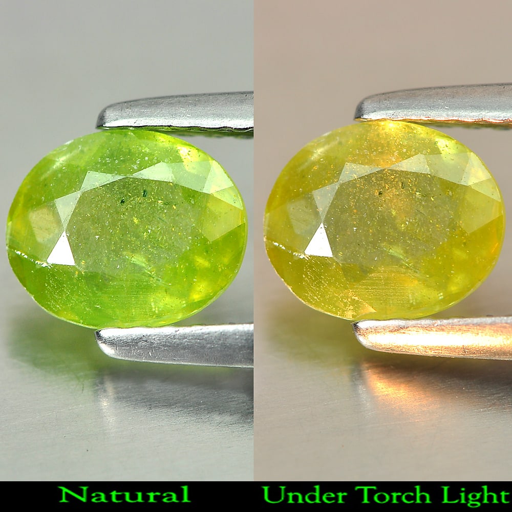 Natural Green Titanium Sphene Gemstones With Rainbow Spark 0.99 Ct. Oval Shape 7.2 x 6 Mm.: Product ID: 806507974 Product Name: Natural Sphene Weight: 0.99 CT. Size: 7.2 x 6 x 2.7 MM. Shape: Oval Color: Green Clarity:SI1 Luster: Adamantine Gems Origin: Madagascar Treatment: Unheated Crystal 