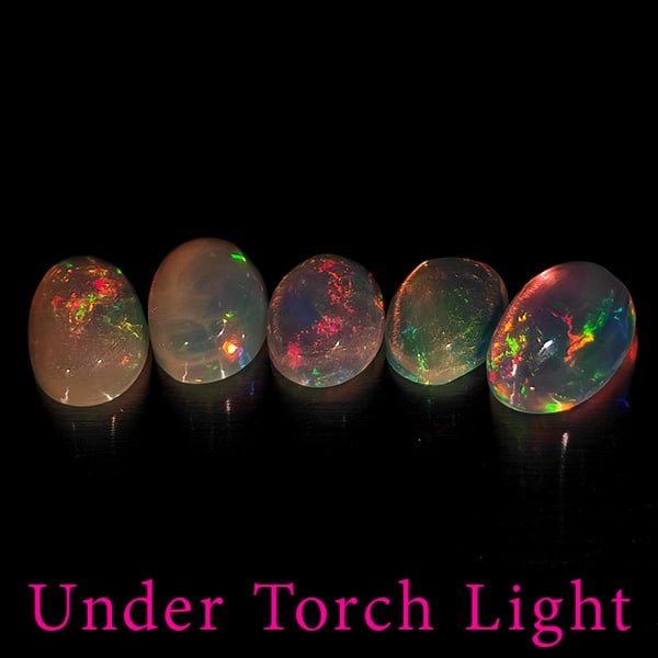 Natural Multi Color Opal Gemstones 1.35 Ct. 5 Pcs. Oval Cabochon Shape 6.1 x 4.2 Mm.: Product ID: 818728121 Product Name: Natural Opal Weight: 1.35 CT. Size: 6.1 x 4.2 x 3 MM. Shape: Oval Cabochon Color: Multi-Color Clarity:Semi - Transparent Luster: Good Gems Origin: Ethiopia Treatmen