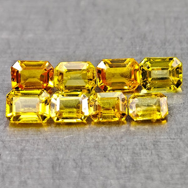 Natural Yellow Sapphire Gemstones 1.23 Ct. 8 Pcs Octagon Shape 3.6 x 2.6 Mm: Product ID: 806162031 Product Name: Natural Yellow Sapphire Weight: 1.23 CT. Size: 3.6 x 2.6 x 1.9 MM. Shape: Octagon Color: Yellow Clarity:VSI Luster: Very Good Gems Origin: Sri - Lanka Treatment: He