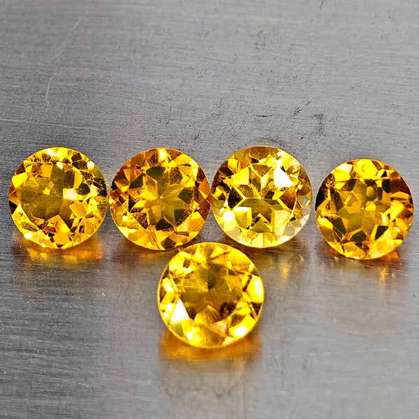 Natural Yellow Citrine Gemstones 2.14 Ct. 5 Pcs. Round Shape 5.1 Mm.: Product ID: 801815554 Product Name: Natural Citrine Weight: 2.14 CT. Size: 5.1 x 5.1 x 3.2 MM. Shape: Round Color: Yellow Clarity:VSI Luster: Very Good Gems Origin: Brazil Treatment: Unheated Crystal 