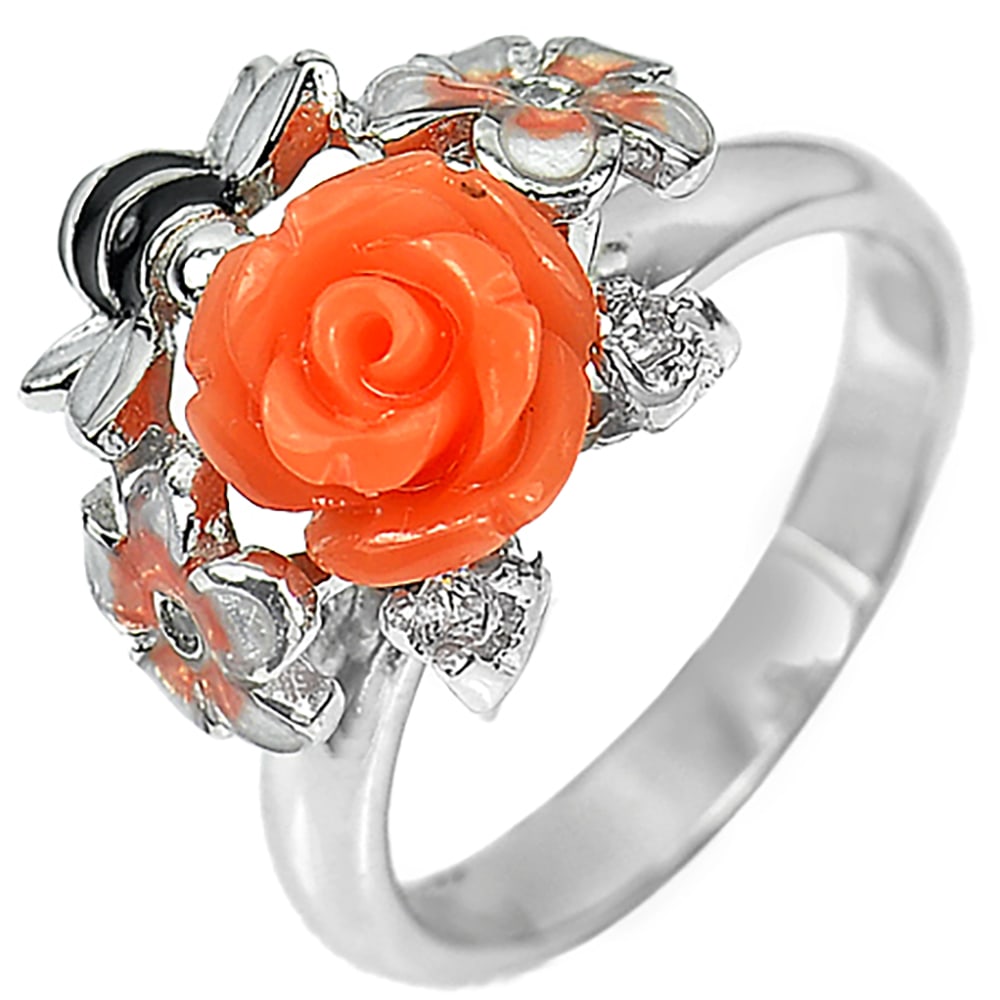 925 Sterling SilverRing Jewelry 4.67 Grams with Rose Orange Resin Bee Enamel Size 8: Product ID: 200107181 Product Type: 925 Sterling Silver Fine Jewelry Jewelry Weight: 4.67 Grams. Ring Size: 8 Resizable(Fee) Gemstones Color: Multi-Color Metal: Solid Silver 92.5%. Gemstone Detail: Ro