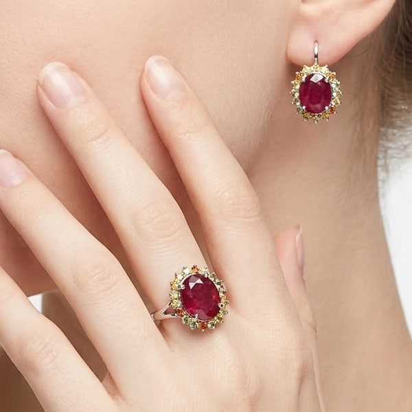 Natural Red Ruby and Sapphire with 925 Sterling Silver Jewelry Sets 9.50 Grams Earring and Ring Size: Product ID: 808500486 Product Name: Natural Bracelet Weight: 9.50 CT. Size: 10 x 8 x 4.5 to 1.5 x 1.5 x 1 MM. Shape: Oval Color: Red Clarity:None Luster: Good Gems Origin: Thailand Treatment: None Cry