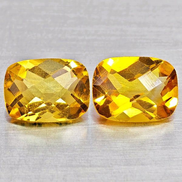 Natural Yellow Citrine Gemstones 2.60 Ct. 2 Pcs. Cushion Checkerboard Cut and Mixed Size: Product ID: 801815251 Product Name: Natural Citrine Weight: 2.60 CT. Size: 8.3 x 6.3 x 4.2 to 8.2 x 6 x 4.2 MM. Shape: Cushion Checkerboard Cut Color: Yellow Clarity:VVS - VSI Luster: Good Gems Origin