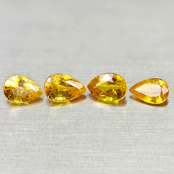 Natural Yellow Sapphire Gemstones 2.31 Ct. 4 Pcs. Pear Shape 6 x 4.2 Mm.: Product ID: 806161971 Product Name: Natural Yellow Sapphire Weight: 2.31 CT. Size: 6 x 4.2 x3.2 MM. Shape: Pear Shape Color: Yellow Clarity:VSI Luster: Good Gems Origin: Thailand Treatment: Heated Cry