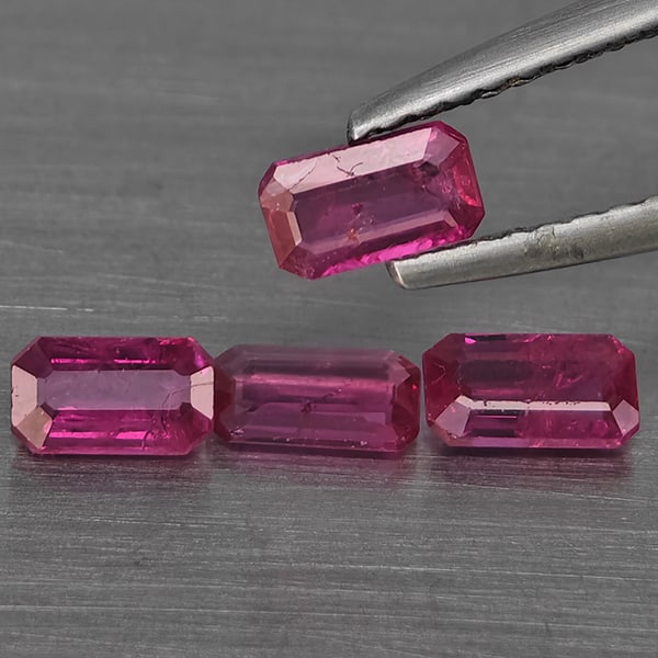 Natural Purplish Pink Ruby Gemstones 1.07 Ct. 4 Pcs. Octagon Shape 5 x 3 Mm.: Product ID: 805935937 Product Name: Natural Ruby Weight: 1.07 CT. Size: 5 x 3 x 3 MM. Shape: Octagon Color: Purplish Pink Clarity:SI1 Luster: Good Gems Origin: Mozambique Treatment: Heated (Lead-glass