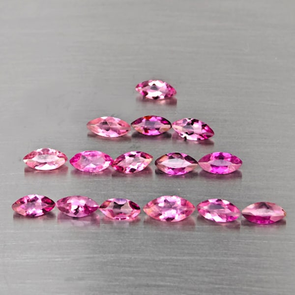 Natural Pink Tourmaline Gemstones 1.75 Ct. 15 Pcs. Marquise Shape And Mixed Size: Product ID: 807251667 Product Name: Natural Tourmaline Weight: 1.75 CT. Size: 5.2 x 2.5 x 1.4 to 4.5 x 2.5 x 1.4 MM. Shape: Marquise Shape Color: Fancy Color Clarity:SI1 Luster: Good Gems Origin: Nige