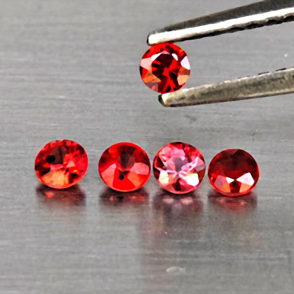 Natural Orangish Red Songea Sapphire Gemstones 0.32 Ct. 5 Pcs. Round Shape 2.4 Mm.: Product ID: 806162821 Product Name: Natural Red Sapphire Weight: 0.32 CT. Size: 2.4 x 2.4 x 1.6 MM. Shape: Round Shape Color: Orangish Red Clarity:SI1 Luster: Good Gems Origin: Tanzania Treatment: Hea