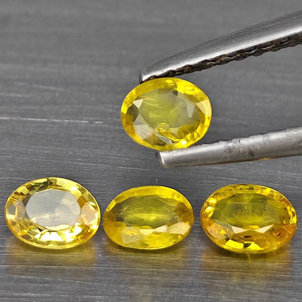 Natural Yellow Songea Sapphire Gemstones 1.07 Ct. 4 Pcs. Oval Shape 4.4 x 3.5 Mm.: Product ID: 806130407 Product Name: Natural Yellow Sapphire Weight: 1.07 CT. Size: 4.4 x 3.5 x 1.7 MM. Shape: Oval Shape Color: Yellow Clarity:SI1 Luster: Good Gems Origin: Tanzania Treatment: Heated 