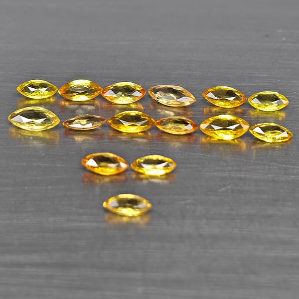Natural Yellow Songea Sapphire Gemstones 1.55 Ct. 15 Pcs. Marquise Shape 4.6 x 2.6 Mm.: Product ID: 806130583 Product Name: Natural Sapphire Weight: 1.55 CT. Size: 4.6 x 2.6 x 1.6 MM. Shape: Marquise Shape Color: Yellow Clarity:VSI Luster: Good Gems Origin: Tanzania Treatment: Heated Cry