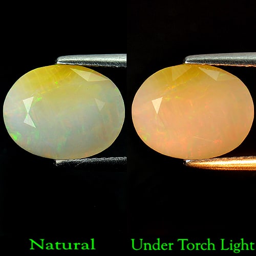 3.40 Ct. Oval Natural Multi Color Opal Sudan Unheated: Product ID: 818710860 Product Name: Natural Opal Weight: 3.40 CT. Size: 12.4 x 9.6 x 6.9 MM. Shape: Oval Color: Multi Color Clarity:Semi - Transparent Luster: Good Gems Origin: Ethiopia Treatment: Unh