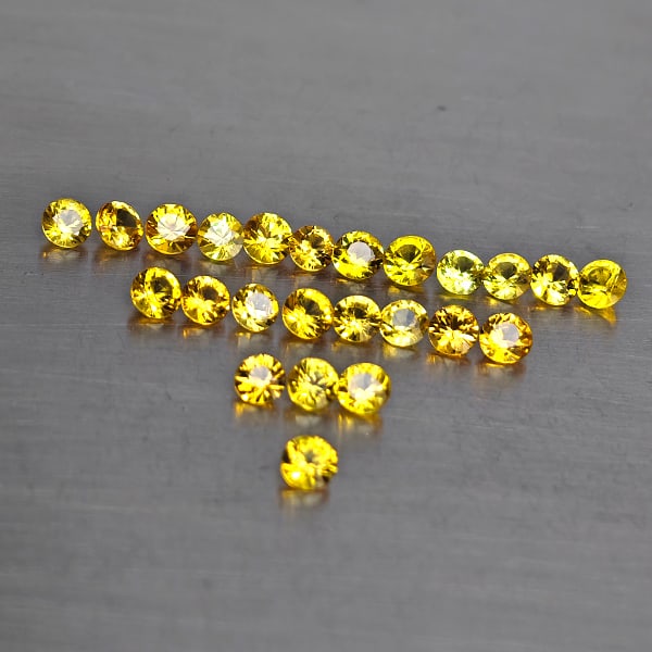 Natural Yellow Songea Sapphire 1.71 Ct. 24 Pcs. Round Shape and Mixed Size: Product ID: 806130659 Product Name: Natural Yellow Sapphire Weight: 1.71 CT. Size: 2.5 x 2.5 x 1.8 to 2.3 x 2.3 x MM. Shape: Round Shape Color: Yellow Clarity:VSI Luster: Good Gems Origin: Tanzania Tr