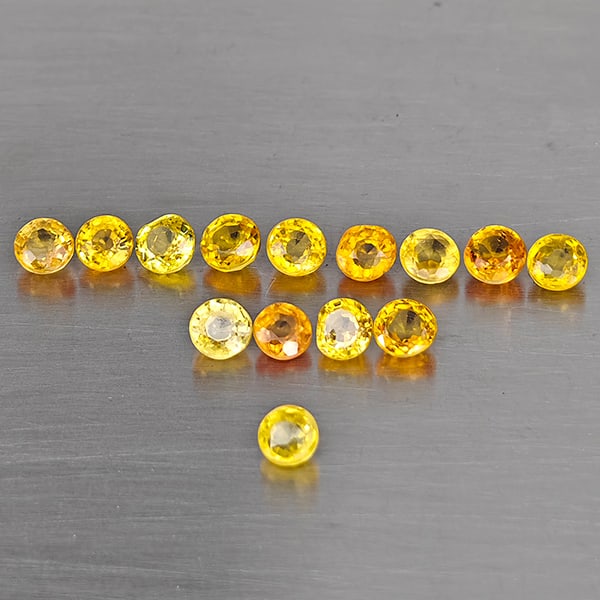 Natural Yellow Songea Sapphire Gemstones 2.46 Ct. 14 Pcs. Round Shape and Mixed Size: Product ID: 806130592 Product Name: Natural Fancy Color Sapphire Weight: 2.46 CT. Size: 3.2 x 3.2 x 2.2 to 3 x 3 x 2.2 MM. Shape: Round Shape Color: Yellow Clarity:VSI - SI1 Luster: Good Gems Origin: 