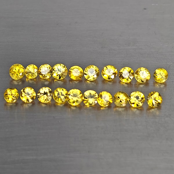 Natural Yellow Songea Sapphire 1.11 Ct. 20 Pcs. Round Diamond Cut 2.5 Mm.: Product ID: 806130653 Product Name: Natural Yellow Sapphire Weight: 1.11 CT. Size: 2.5 x 2.5 x 1.8 MM. Shape: Round Diamond Cut Color: Yellow Clarity:VSI Luster: Good Gems Origin: Tanzania Treatment: 