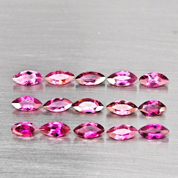 Natural Pink Tourmaline Gemstones 1.76 Ct. 15 Pcs. Marquise Shape 5.2 x 2.3 Mm.: Product ID: 807251650 Product Name: Natural Tourmaline Weight: 1.76 CT. Size: 5.2 x 2.3 x 1.3 MM. Shape: Marquise Shape Color: Pink Clarity:VSI - SI1 Luster: Good Gems Origin: Nigeria Treatment: Unhea
