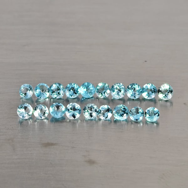 Natural Blue Topaz Gemstones 1.95 Ct. 19 Pcs. Round Shape 2.6 Mm.: Product ID: 807169122 Product Name: Natural Blue Topaz Weight: 1.95 CT. Size: 2.6 x 2.6 x 1.6 MM. Shape: Round Shape Color: Blue Clarity:VSI - SI1 Luster: Good Gems Origin: Brazil Treatment: Treated C