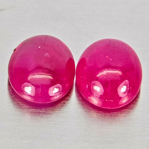 Natural Pink Red Jonson Ruby Gemstones 1.07 Ct. 2 Pcs. Oval Cabochon Shape 5.2 x 4.2 Mm.: Product ID: 805935706 Product Name: Natural Ruby Weight: 1.07 CT. Size: 5.2 x 4.2 x 2.5 MM. Shape: Oval Cabochon Color: Pink Red Clarity:Semi - Transparent Luster: Good Gems Origin: Mozambique Treatme
