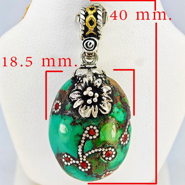 Natural Green Turquoise 925 Sterling Silver Pendant Jewelry 61.43 Grams: Product ID: 200108315 Product Type: 925 Sterling Silver Fine Jewelry Jewelry Weight: 61.43 Grams. Gemstones Color: Green Metal: Solid Silver 92.5%. Gemstone Detail: Turquoise At Your Service: At Treas