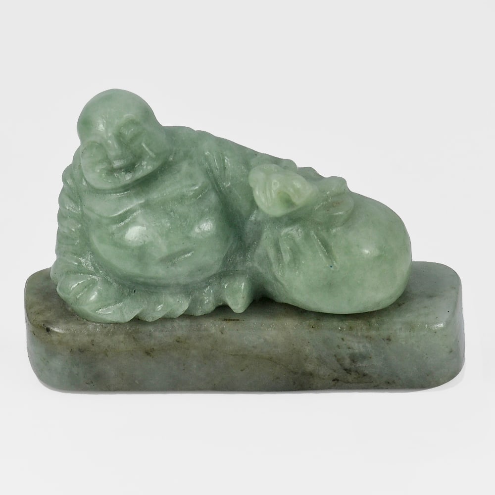 Natural Green Jade Gemstones Happy Buddha Carving 54 x 37 Mm. 255.13 Ct.: Product ID: 819814019 Product Name: Natural Jade Weight: 255.13 CT. Size: 54 x 37 x 15 MM. Shape: Buddha Carving Color: Green Clarity:Opaque Luster: Good Gems Origin: Thailand Treatment: Unheated Crys