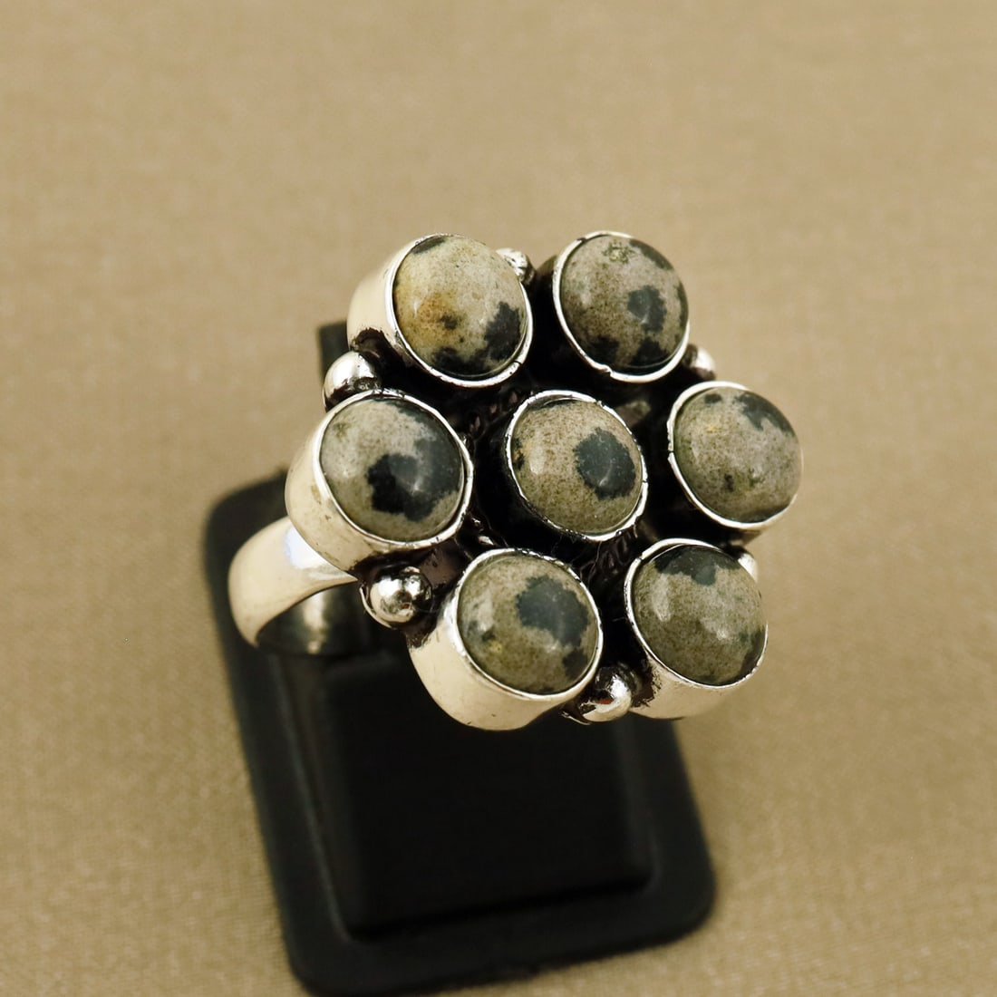 Natural Dalmatian Jasper Sterling Silver Plated Handmade Ring - 5MM: Product ID: 260808123924 Product - Handmade Silver Plated Ring Metal - 92.5 Sterling Silver Plated Ring Size - 5MM Gemstone - Dalmatian Jasper Gemstone Origin - Mexico Gemstone Size - 6MM ( 7 Stone ) 