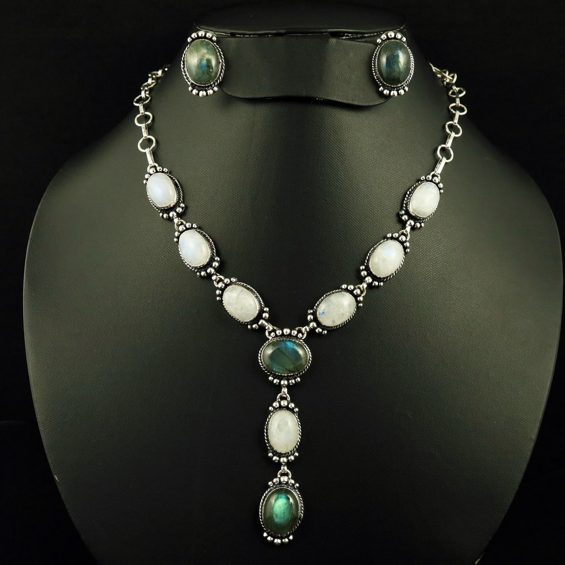 Natural Rainbow Moonstone & Labradorite Silver Plated Handmade Necklace With Stud Earring: Product ID: 260807143941 Product - Handmade Silver Plated Necklace With Earring Metal - 92.5 Sterling Silver Plated Necklace Length - 18 Inch Gemstone - Rainbow Moonstone & Labradorite Gemstone Origin