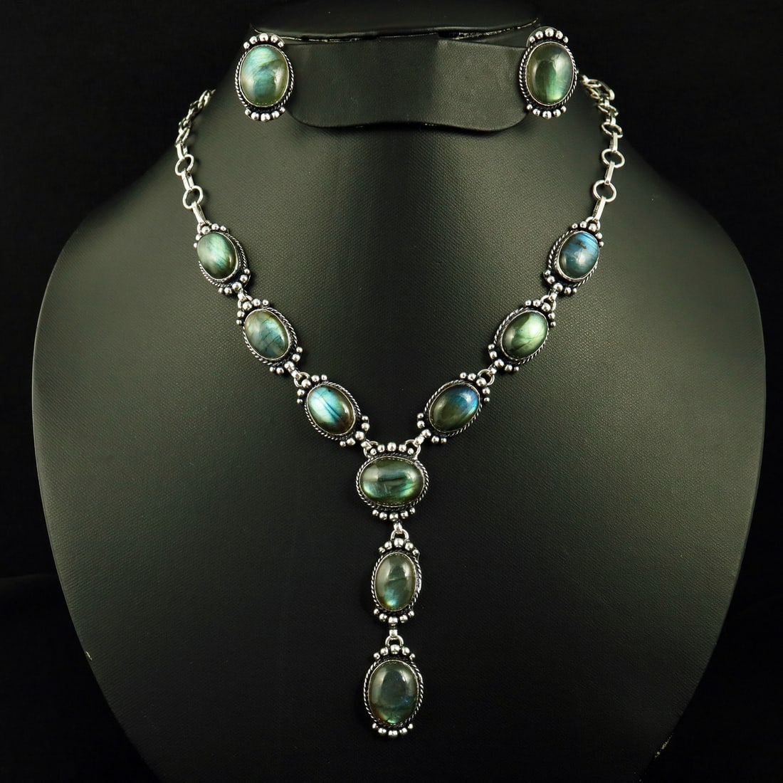 Natural Labradorite Silver Plated Handmade Necklace With Stud Earring: Product ID: 260807144028 Product - Handmade Silver Plated Necklace With Earring Metal - 92.5 Sterling Silver Plated Necklace Length - 18 Inch Gemstone - Labradorite Gemstone Origin - Canada Gemstone S
