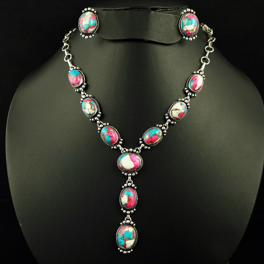 Natural Cotton Candy Sterling Silver Plated Handmade Necklace With Stud Earring: Product ID: 260807144241 Product - Handmade Silver Plated Necklace With Earring Metal - 92.5 Sterling Silver Plated Necklace Length - 18 Inch Gemstone - Cotton Candy Gemstone Origin - United States Ge