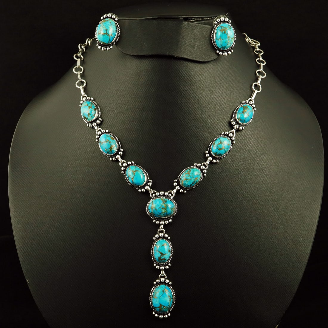 Natural Kingman & Turquoise Sterling Silver Plated Handmade Necklace With Stud Earring: Product ID: 260807144323 Product - Handmade Silver Plated Necklace With Earring Metal - 92.5 Sterling Silver Plated Necklace Length - 18 Inch Gemstone - Kingman Turquoise Gemstone Origin - United Stat