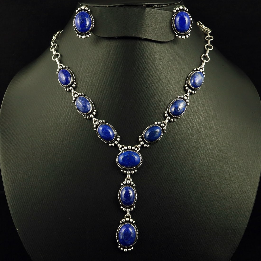 Natural Lapis Lazuli Sterling Silver Plated Handmade Necklace With Stud Earring: Product ID: 260807144437 Product - Handmade Silver Plated Necklace With Earring Metal - 92.5 Sterling Silver Plated Necklace Length - 18 Inch Gemstone - Lapis Lazuli Gemstone Origin - Afghanistan Gems