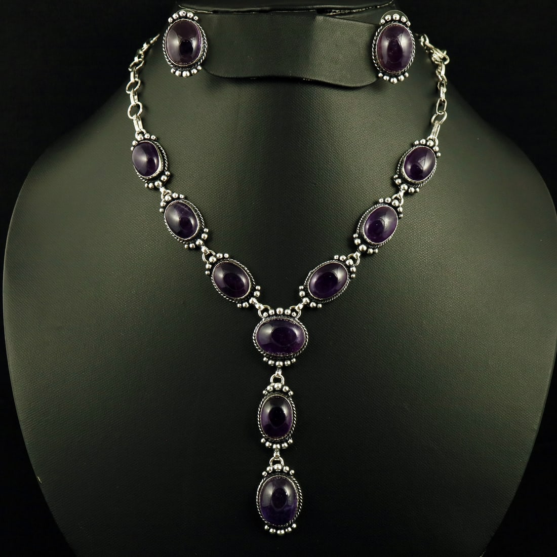 Natural Amethyst Silver Plated Handmade Necklace With Stud Earring: Product ID: 260807144548 Product - Handmade Silver Plated Necklace With Earring Metal - 92.5 Sterling Silver Plated Necklace Length - 18 Inch Gemstone - Amethyst Gemstone Origin - Africa Gemstone Size