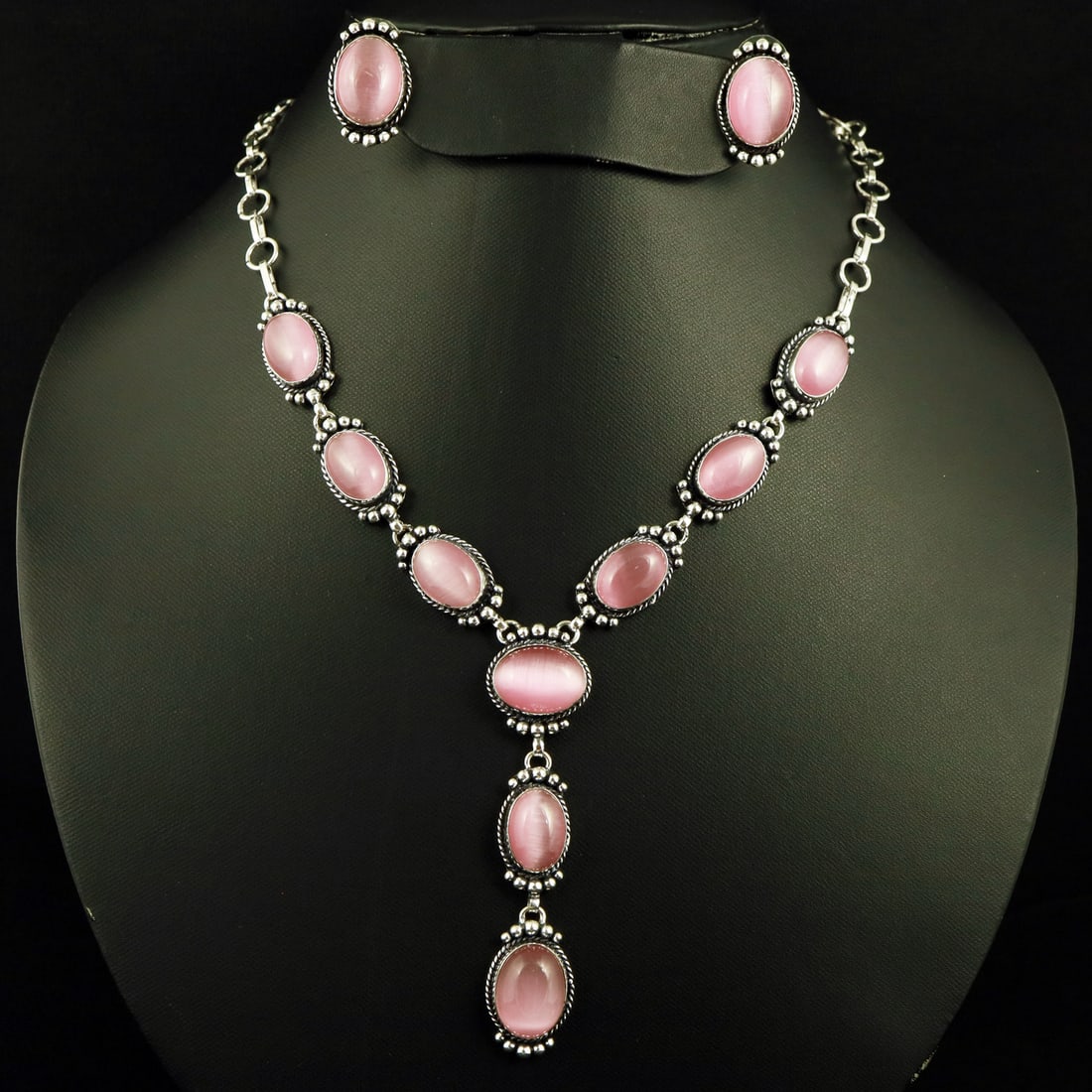 Natural Monalisa Sterling Silver Plated Handmade Necklace With Stud Earring: Product ID: 260807144643 Product - Handmade Silver Plated Necklace With Earring Metal - 92.5 Sterling Silver Plated Necklace Length - 18 Inch Gemstone - Monalisa Gemstone Origin - India Gemstone Size 