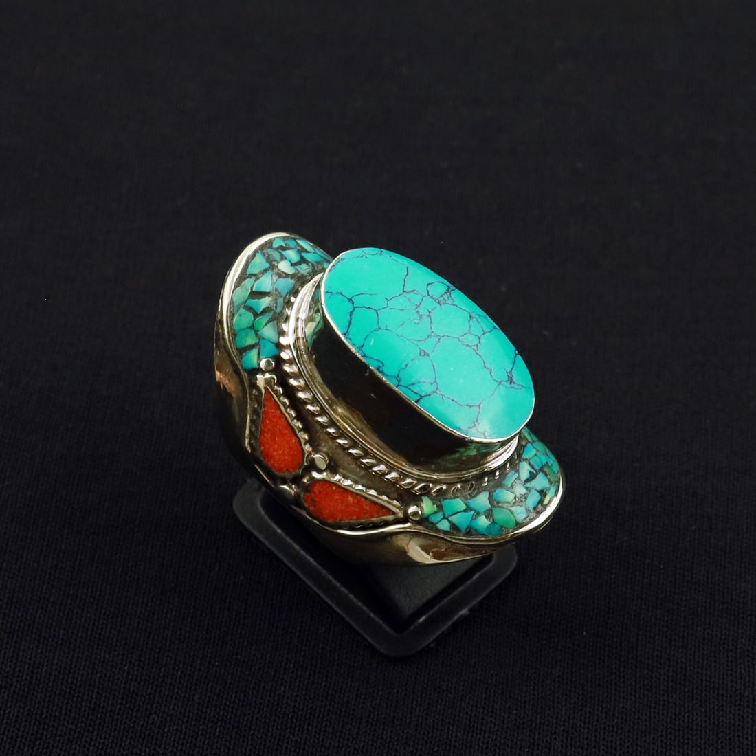 Tibetan Turquoise & Coral Handmade Ethnic Ring - 10MM: Product ID: 260801131522 Product - Tibetan Handmade Ethnic Ring Ring Size - 10MM Ring Weight - 17 Gram Gemstone - Turquoise & Coral Metal - Brass & Copper mix Metal Origin - Nepal Country/Region of Ma
