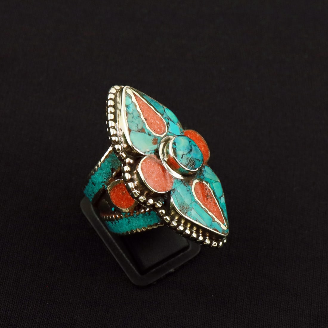 Tibetan Turquoise & Coral Handmade Ethnic Ring - 9.5MM: Product ID: 260801131606 Product - Tibetan Handmade Ethnic Ring Ring Size - 9.5MM Ring Weight - 19 Gram Gemstone - Turquoise & Coral Metal - Brass & Copper mix Metal Origin - Nepal Country/Region of M