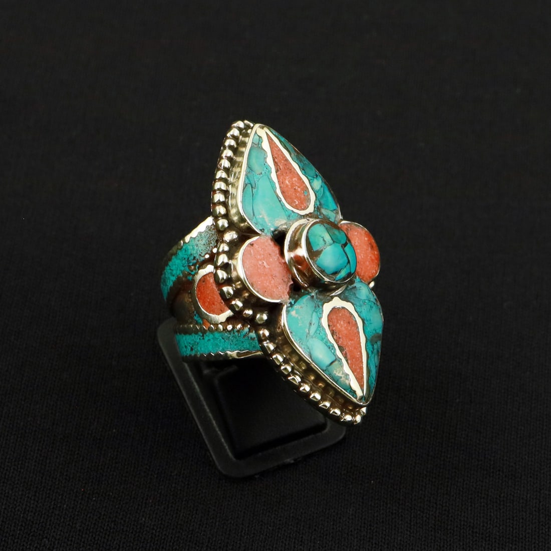 Tibetan Turquoise & Coral Handmade Ethnic Ring - 9MM: Product ID: 260801131756 Product - Tibetan Handmade Ethnic Ring Ring Size - 9MM Ring Weight - 19 Gram Gemstone - Turquoise & Coral Metal - Brass & Copper mix Metal Origin - Nepal Country/Region of Man