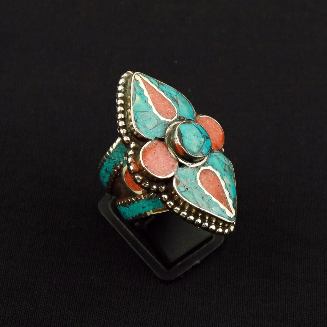 Tibetan Turquoise & Coral Handmade Ethnic Ring -8.5MM: Product ID: 260801132016 Product - Tibetan Handmade Ethnic Ring Ring Size - 8.5MM Ring Weight - 19 Gram Gemstone - Turquoise & Coral Metal - Brass & Copper mix Metal Origin - Nepal Country/Region of M