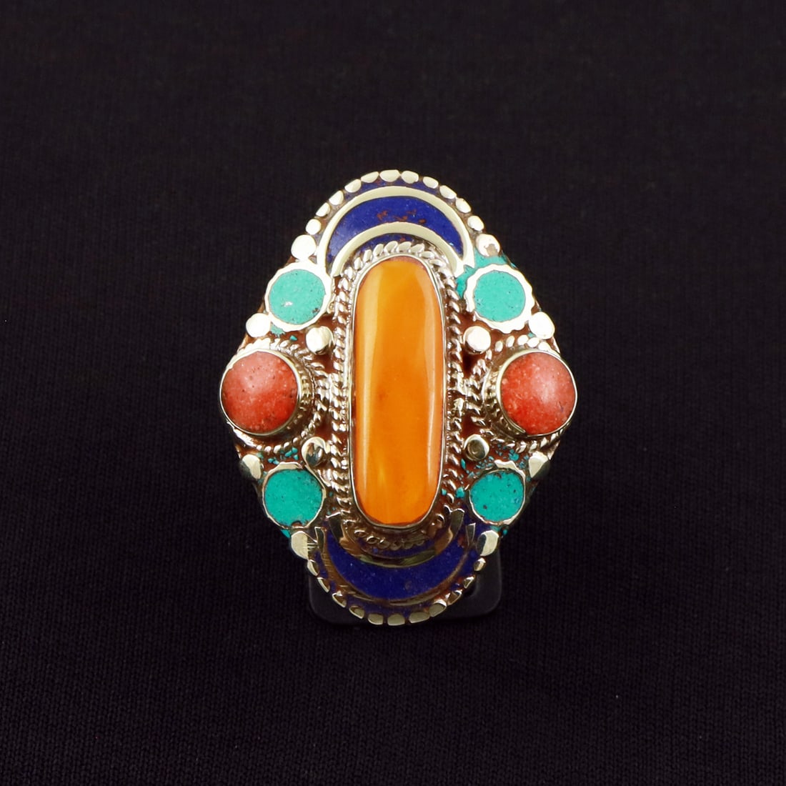 Tibetan Turquoise, Coral & Copal & Lapis Lazuli Handmade Ethnic Ring - Free Size: Product ID: 260801125941 Product - Tibetan Handmade Ethnic Ring Ring Size - Free Size Ring Weight - 21 Gram Gemstone - Turquoise & Coral & Copal & Lapis Lazuli Metal - Brass & Copper mix Metal Origin 
