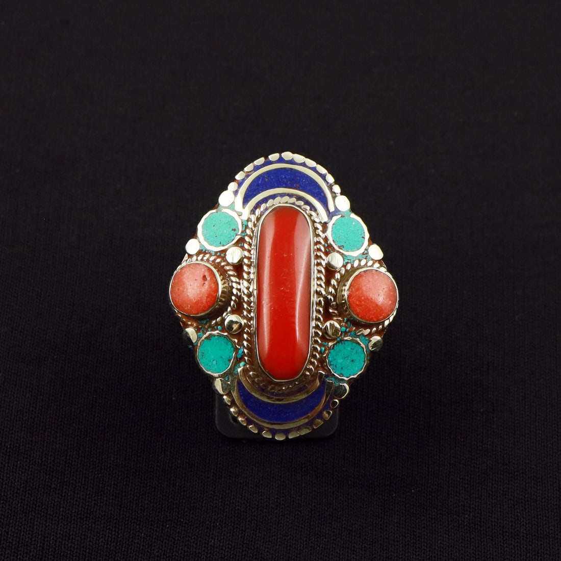 Tibetan Turquoise, Coral & Lapis Lazuli Handmade Ethnic Ring - Free Size: Product ID: 260801130206 Product - Tibetan Handmade Ethnic Ring Ring Size - Free Size Ring Weight - 21 Gram Gemstone - Turquoise & Coral & Lapis Lazuli Metal - Brass & Copper mix Metal Origin - Nepal 