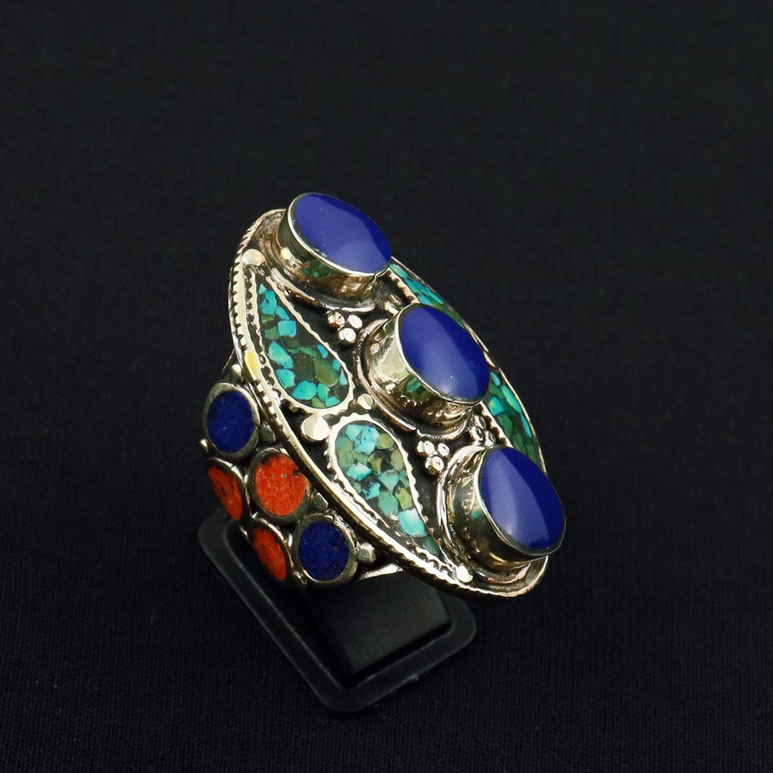 Tibetan Turquoise & Lapis Lazuli Handmade Ethnic Ring - Free Size: Product ID: 260801125704 Product - Tibetan Handmade Ethnic Ring Ring Size - Free Size Ring Weight - 24 Gram Gemstone - Turquoise & Lapis Lazuli Metal - Brass & Copper mix Metal Origin - Nepal Country/