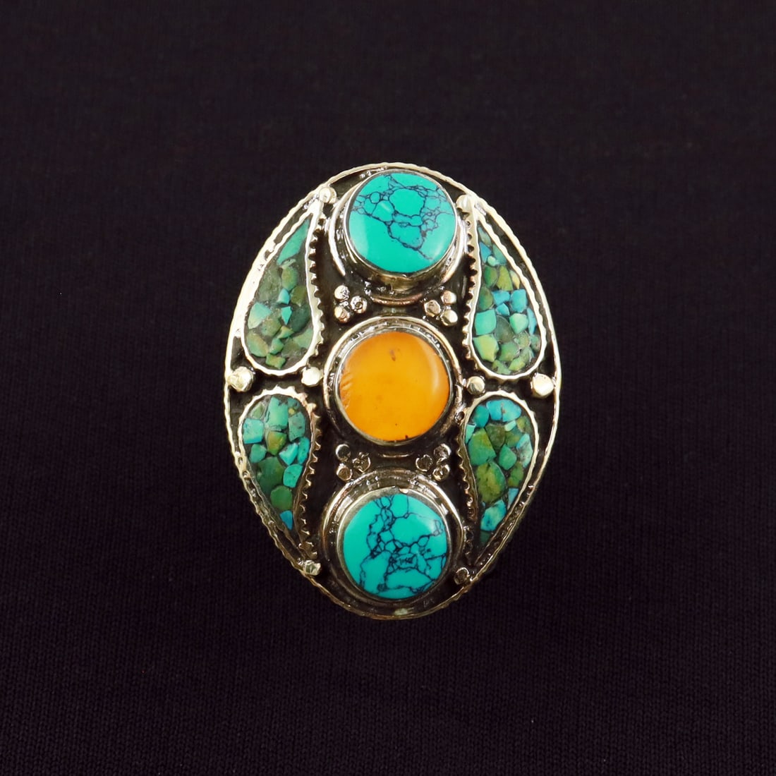 Tibetan Turquoise & Copal Handmade Ethnic Ring - Free Size: Product ID: 260801125439 Product - Tibetan Handmade Ethnic Ring Ring Size - Free Size Ring Weight - 24 Gram Gemstone - Turquoise & Copal Metal - Brass & Copper mix Metal Origin - Nepal Country/Region 