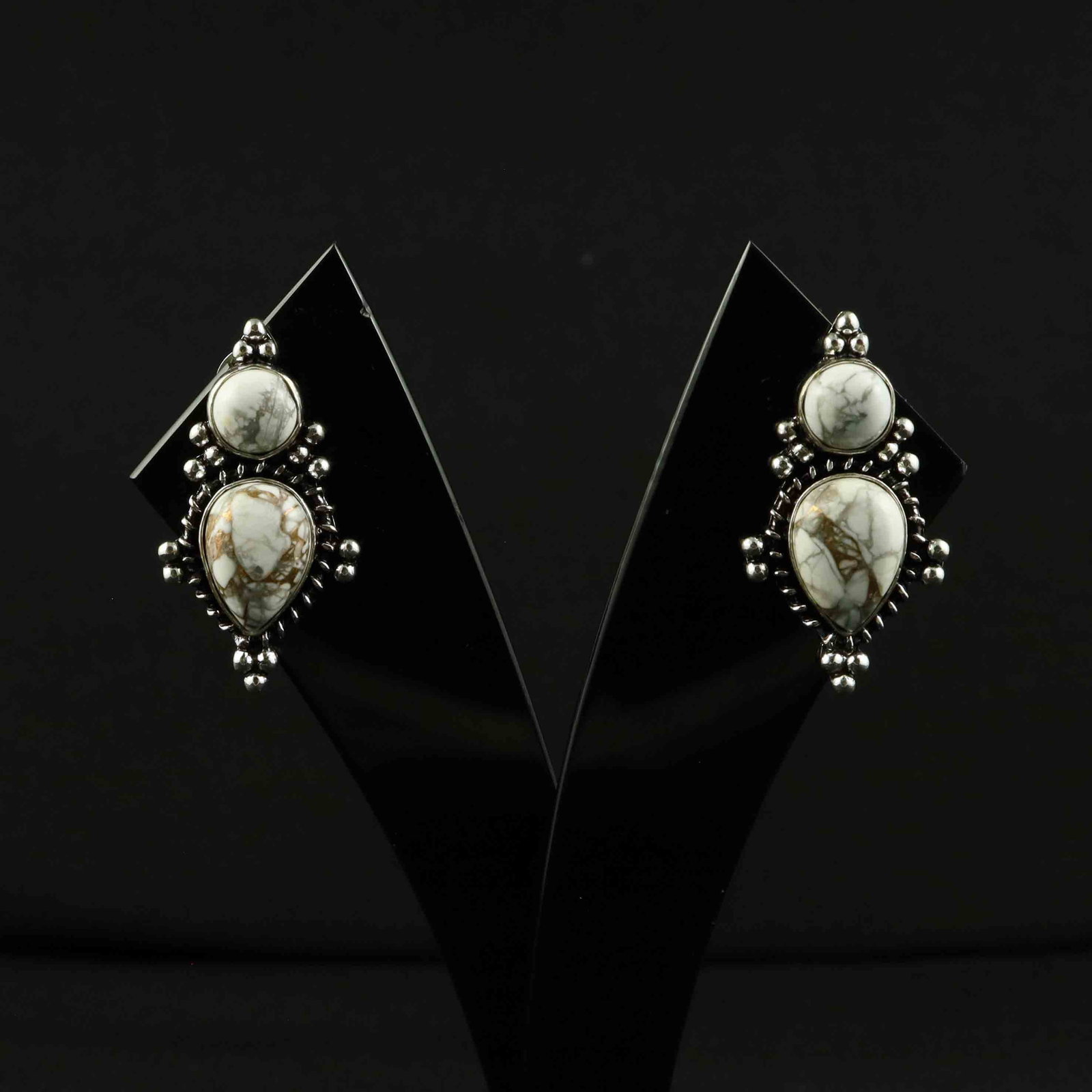 Natural Howlite Sterling Silver Plated Handmade Stud Earring: Product ID: 260522121357 Product - Handmade Silver Plated Stud Earring Metal - 92.5 Sterling Silver Plated Earring Type - Stud Gemstone - Howlite Gemstone Origin - Canada Gemstone Size - 10X14 MM ( 2 